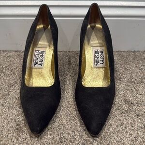 Timothy Hitsman Black Silk Suede Stiletto Gold Curved Heels - Size 7.5